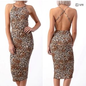 Leopard Print Strappy Back Midi Dress - Brown